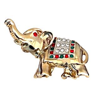 Vintage Elephant Pin Gold Tone Crystals Red Green Holiday Republican 9A